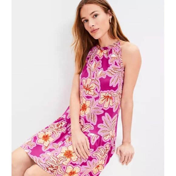 Loft Mosaic Mini Halter Swing Dress in Floral Print  Size M - Picture 2 of 11